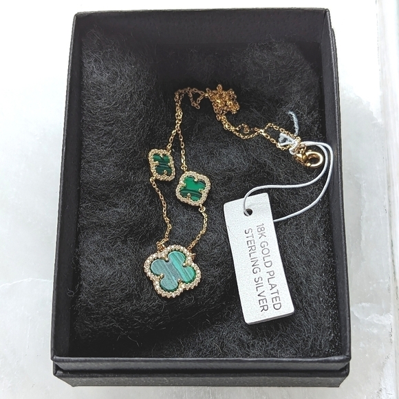 Rachel Zoe Three Clover Alhambra Necklace in 18K GP Silver & Malachite NWT - Picture 6 of 6